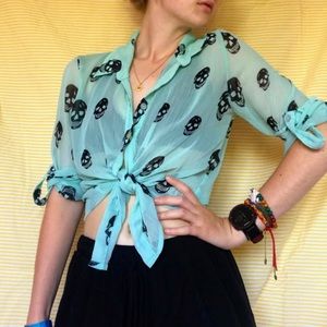 Blue Skull Print Button Up